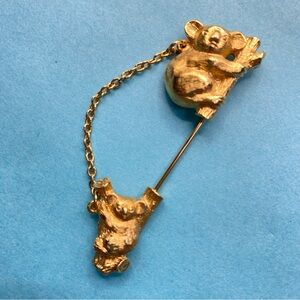 AVON Koala Bears Goldtone Stick Pin With Chain 2.25" Vintage
